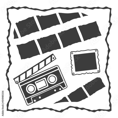 Monochrome Media Collage Featuring Film Strip Cassette Tape Clapperboard and Photo