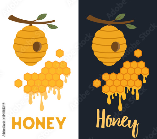 Vector set of vertical banner on the theme of beekeeping. Collection of cards with beehive, honeycombs and lettering in vector flat style for postcards and articles