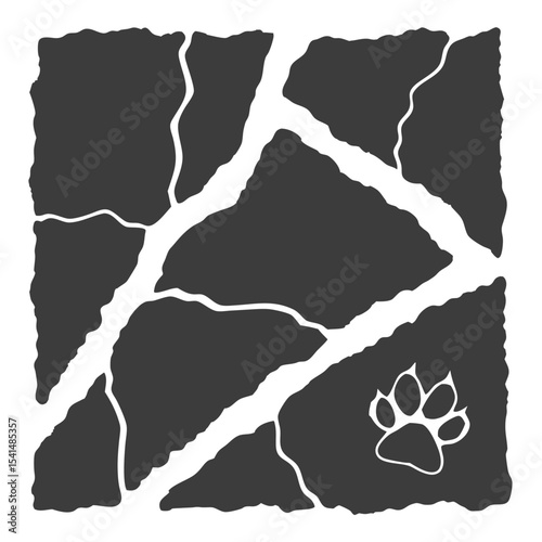 Cracked Earth Texture with Animal Paw Print Ground Surface Vector Illustration in Black and White
