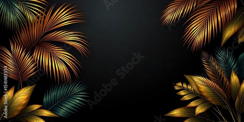Dark, opulent background with golden palm leaves & tropical plants; vector botanical set for wallpaper design, dark art, botanical