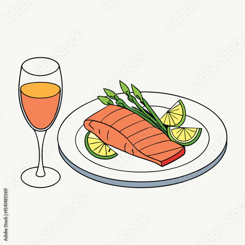 Illustration of Salmon Steak with Asparagus and Lime Slices Served on a Plate Next to a Glass of Orange Wine for a Delicious Meal