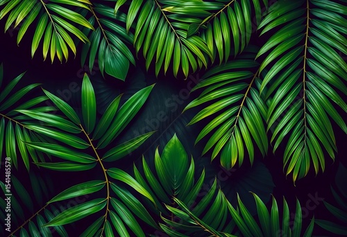 Dark moody flat lay of vibrant green tropical leaf, palm background seamless pattern,  dark,  flatlay
