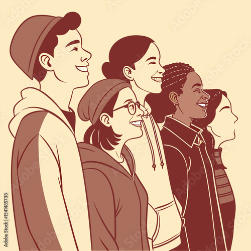Diverse Group of Young People Looking Forward with Optimism and Hope in Cartoon Style