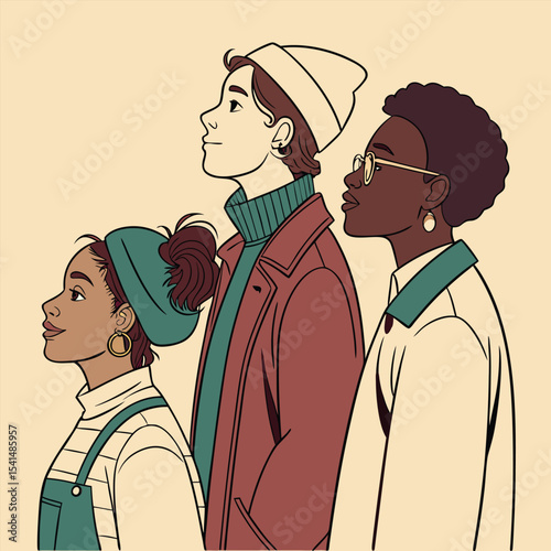 Diverse group of young women looking forward with hope and anticipation in a stylized illustration