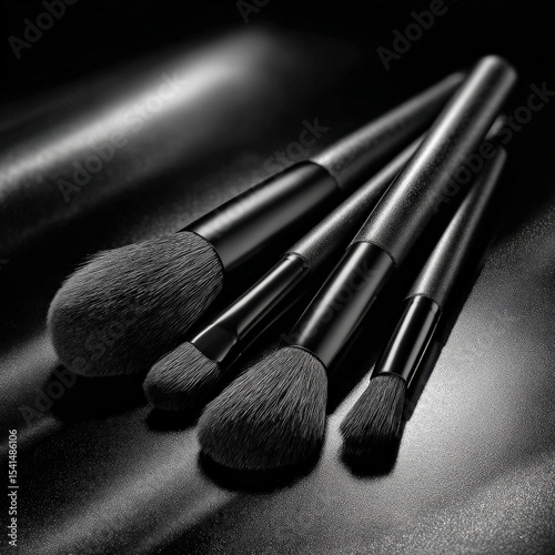 Luxurious makeup brushes arranged elegantly on dark surface, showcasing their sleek black design and soft bristles. Perfect for achieving flawless makeup application