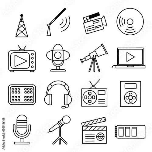 Media and Entertainment Outline Icon Collection Broadcasting Film Making and Recording Equipment