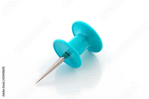 A Single Turquoise Blue Plastic Thumbtack with a Shiny Silver Metal Point Isolated on a White Background Studio Shot Closeup View of Office Stationery Supply