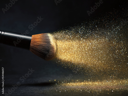 Luxurious makeup brush releasing cloud of shimmering gold particles, creating elegant and glamorous effect. brush soft bristles blend seamlessly with sparkling dust, enhancing beauty