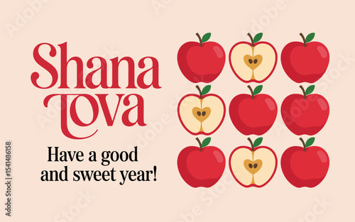 "Rosh Hashanah Greeting Card & Banner Set – Modern Hand-Drawn Apple & Pomegranate Design for the Jewish New Year"