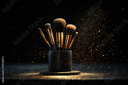 Luxurious makeup brushes arranged elegantly in sparkling holder, showcasing their fine bristles and gold accents. scene is illuminated with magical glow, creating enchanting atmosphere