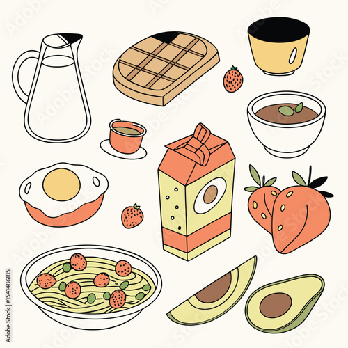 Hand Drawn Breakfast and Lunch Food Items with Pastel Colors and Black Outlines