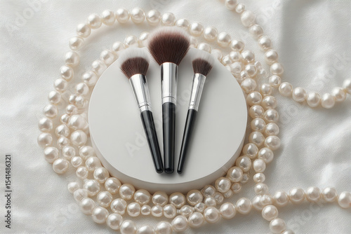 Luxurious makeup brushes arranged elegantly on circular display, surrounded by strand of pearls. soft bristles and sleek handles create sophisticated aesthetic, perfect for beauty enthusiasts