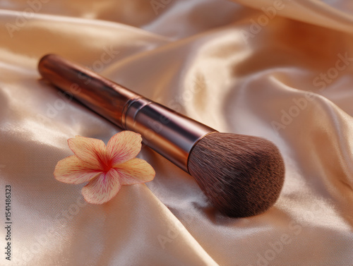 Realistic luxury makeup brush resting on silky fabric, accompanied by delicate flower, evokes elegance and beauty. soft bristles and polished handle reflect high quality craftsmanship