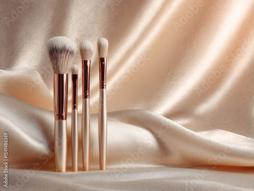 Luxurious makeup brushes arranged elegantly on soft satin fabric, showcasing their fine bristles and sleek design. warm tones create sophisticated and inviting atmosphere
