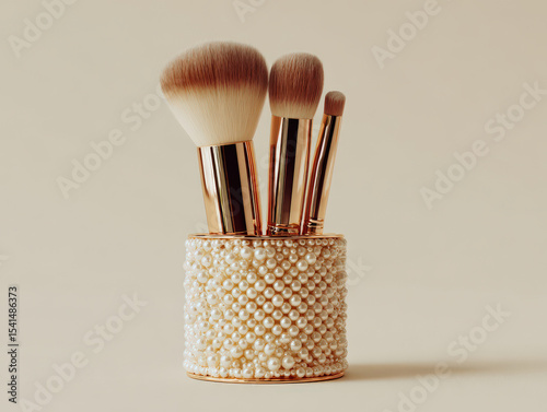Luxurious makeup brushes arranged in decorative holder, showcasing elegance and style. brushes feature soft bristles and chic design, perfect for beauty enthusiasts