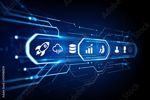 Abstract Blue Technology Background with Icons Representing Startup Growth Cloud Computing Database Management Data Analysis and User Profiles on a Futuristic Circuit Board Design