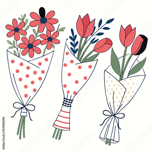 Three Flower Bouquets with Decorative Wrappers Hand Drawn Illustration on White Background