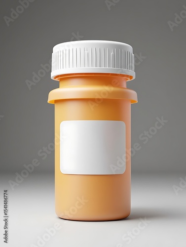 Amber Plastic Bottle with White Lid and Blank Label Pharmaceutical Container Medicine Packaging Mockup Studio Shot Light Orange Hue Medical Supplies Product Design