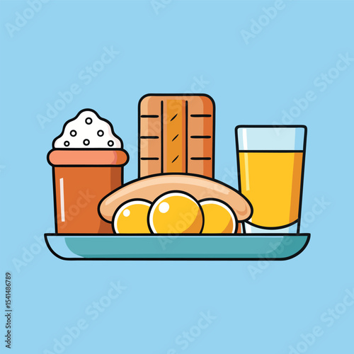 Cartoon Breakfast Platter with Toast Eggs Drink and Dessert on a Blue Background perfect for a fun and vibrant illustration or design project