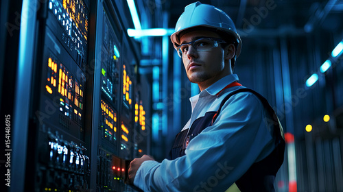 Young male technician in a hard hat is monitoring control panel with glowing lights in a modern industrial setting, showcasing expertise in electrical engineering and safety practices
