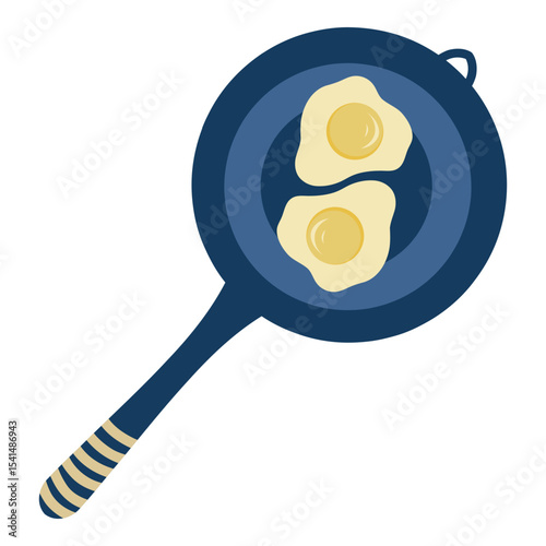 Frying pan with fried eggs vector illustration on a white background. View from above. Cooking, Egg omelette, Blue pan