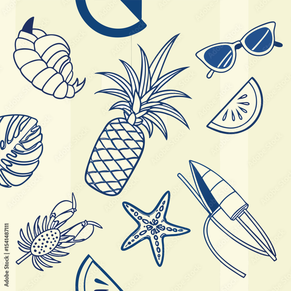 Obraz premium Summer Vacation Themed Pattern with Pineapple Sunglasses Starfish and Other Tropical Elements