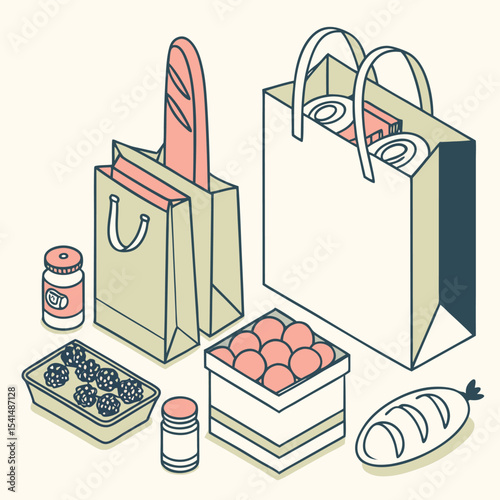 Isometric Illustration of Groceries in Bags and Containers with a Pastel Color Palette