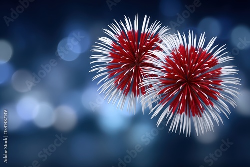 Stylized red and white fireworks-like flowers on blue bokeh background, ideal for creative holiday cards, editorial artwork, or event branding.