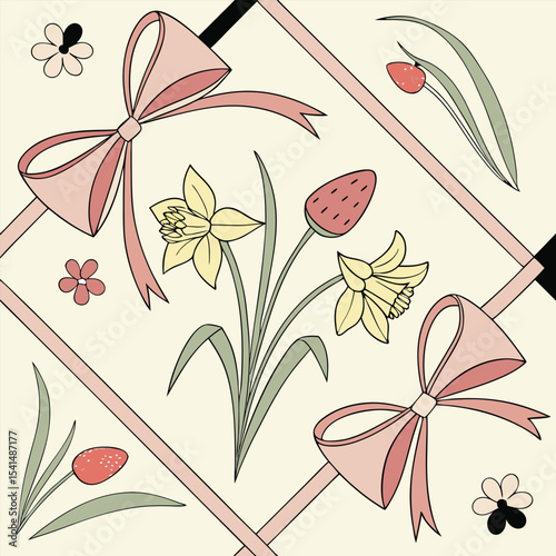 Elegant floral arrangement with daffodils strawberries ribbons and flowers on a light background