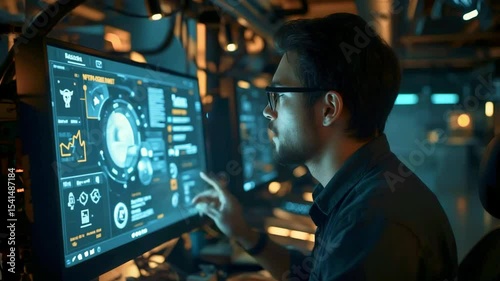 Young man analyzing data on a high-tech screen in a modern workspace, illuminated by ambient light