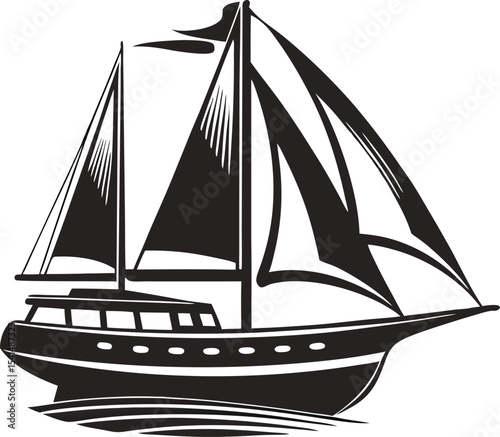 Graceful Sailboat Silhouette: Elegant Outline of a Yacht with Full Sails, Capturing Leisure and Freedom on Open Water, Isolated on White