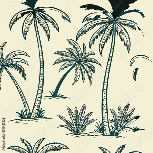 Tropical Palm Tree Pattern in Dark Green and Beige for Summer Vibes and Relaxation