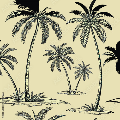 Hand Drawn Palm Trees Seamless Pattern in Black and White on a Beige Background