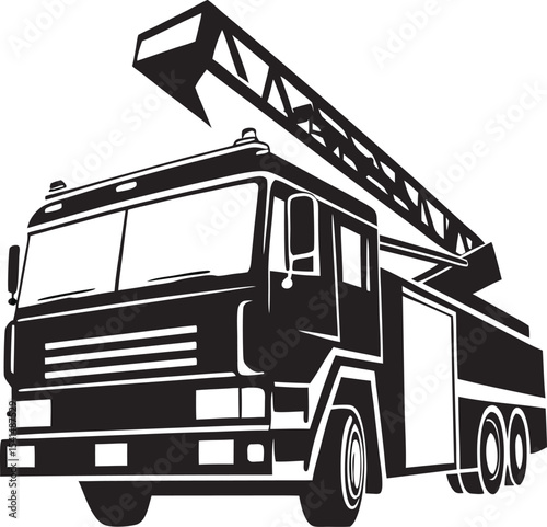 Mighty Fire Engine Silhouette: Robust Outline of an Emergency Response Vehicle with Ladder Extended, Symbolizing Heroism on White Background