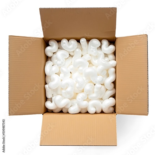 Cardboard Box Filled with White Packing Peanuts Top View Tan Cardboard Box Packaging Material Filler Foam Pieces Shipping Supplies