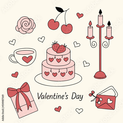 Cute Valentine s Day Illustration with Cake Cherries and Gift Box