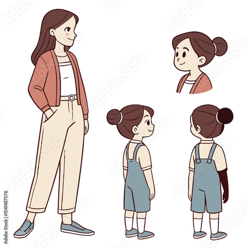 Cartoon illustration of a woman and a girl in different poses on a white background
