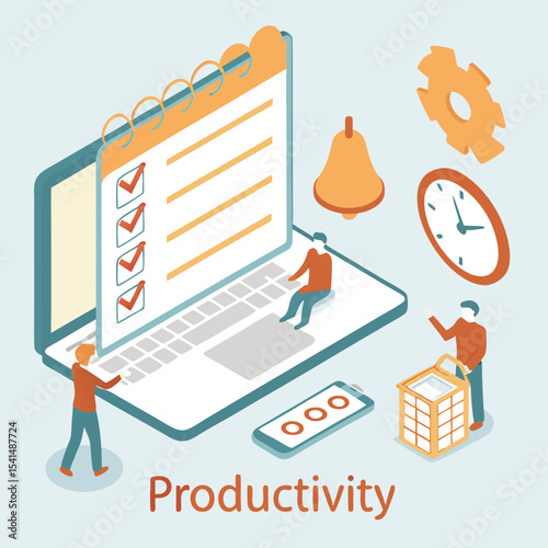 Isometric Illustration of Productivity with Laptop Checklist People Gear Clock Bell and Remote