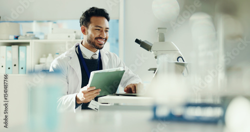 Wallpaper Mural Science, research and man with smile, tablet and online feedback with app for vaccine development. Happy person, medical scientist and employee in lab, digital tech and breakthrough with innovation Torontodigital.ca