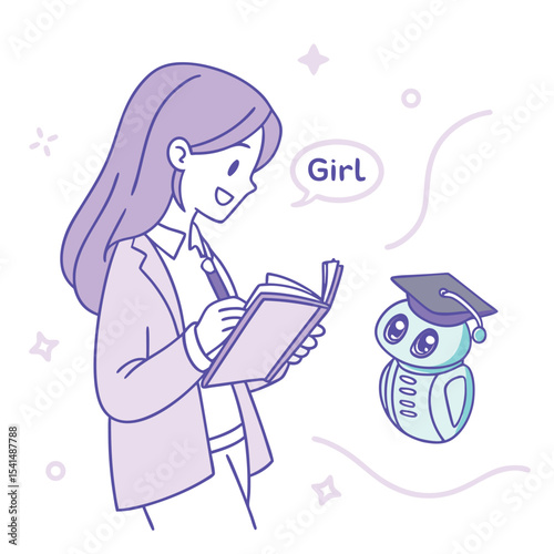Cartoon girl studying with her robot assistant which is wearing a graduation cap