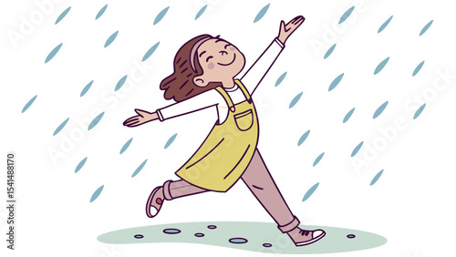 A girl in a yellow dress running with arms outstretched in the rain with a happy expression on her face