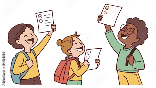 Three happy students holding up papers with checkmarks and circles wearing backpacks and smiling widely
