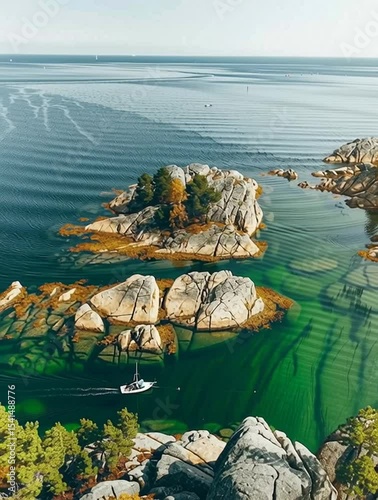 Scenic top-down video of a small boat navigating clear green waters around rocky forested islands along a calm, expansive coastline