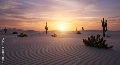 Fototapeta Naklejka Na Ścianę i Meble -  Stunning Sunset over White Sand Dunes and Cacti in the Desert