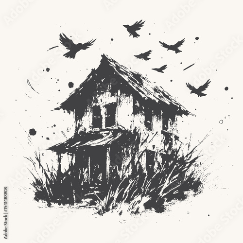 Creepy abandoned haunted house with crows flying above, in expressive ink sketch style.