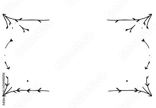A simple, decorative border featuring hand-drawn, slender branches with small leaves at each corner, surrounding a blank space.