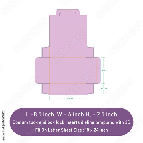 Costum tuck end box lock inserts dieline template, with 3D