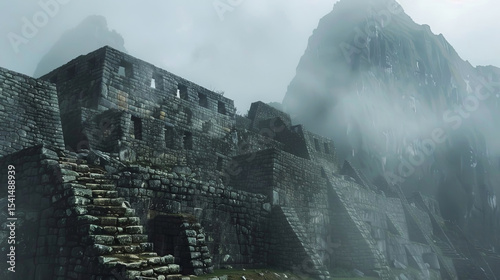 Ancient stone ruins of a historical site surrounded by misty mountains, showcasing intricate architecture and weathered textures, evoking a sense of mystery and exploration