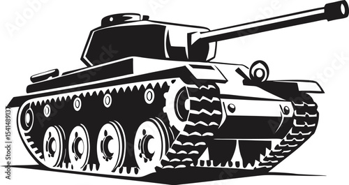 Robust Tank Silhouette: Powerful Outline of an Armored Military Vehicle, Emphasizing Strength and Strategic Purpose on White Background