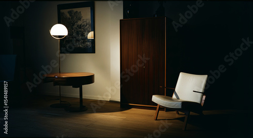 Modern interior scene featuring a stylish white armchair beside a round wooden table and a standing lamp, illuminated softly, creating a cozy atmosphere in a minimalist design space